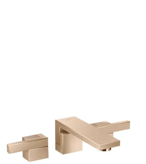 AXOR Waschtischarmatur in poliertem Rotgold, bestehend aus drei Teilen: zwei Hebeln und einem Auslauf. Geometrisches Design mit klaren Linien. Ideal für die Wandmontage.